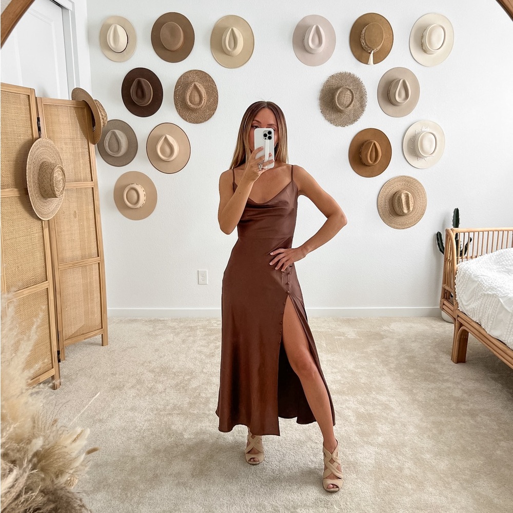 Showpo Brown Satin Midi Dress with Side Slit